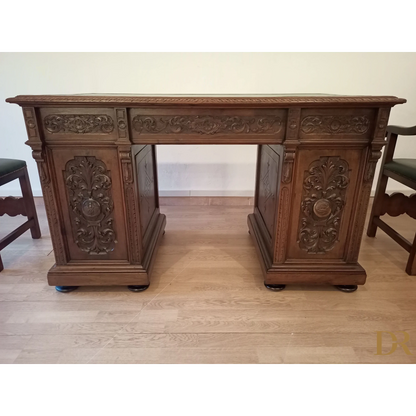 Set of 2 chairs and ministerial desk in green leather for study and office in walnut wood