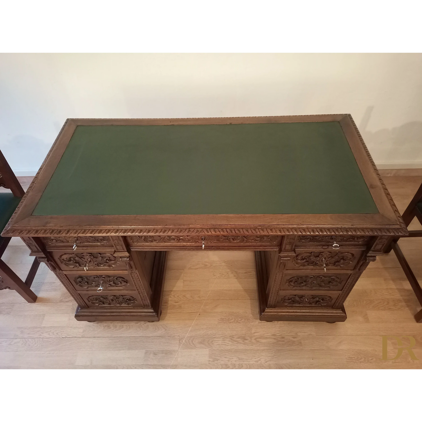 Set of 2 chairs and ministerial desk in green leather for study and office in walnut wood