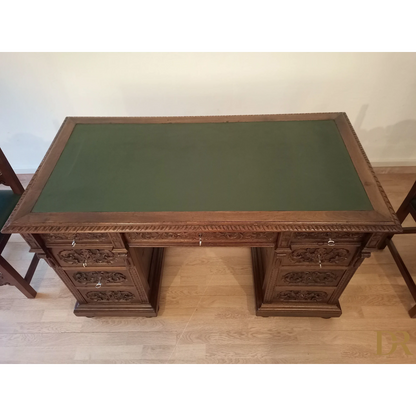 Set of 2 chairs and ministerial desk in green leather for study and office in walnut wood