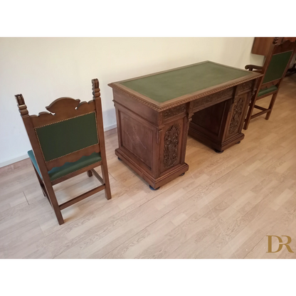 Set of 2 chairs and ministerial desk in green leather for study and office in walnut wood