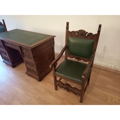 Set of 2 chairs and ministerial desk in green leather for study and office in walnut wood