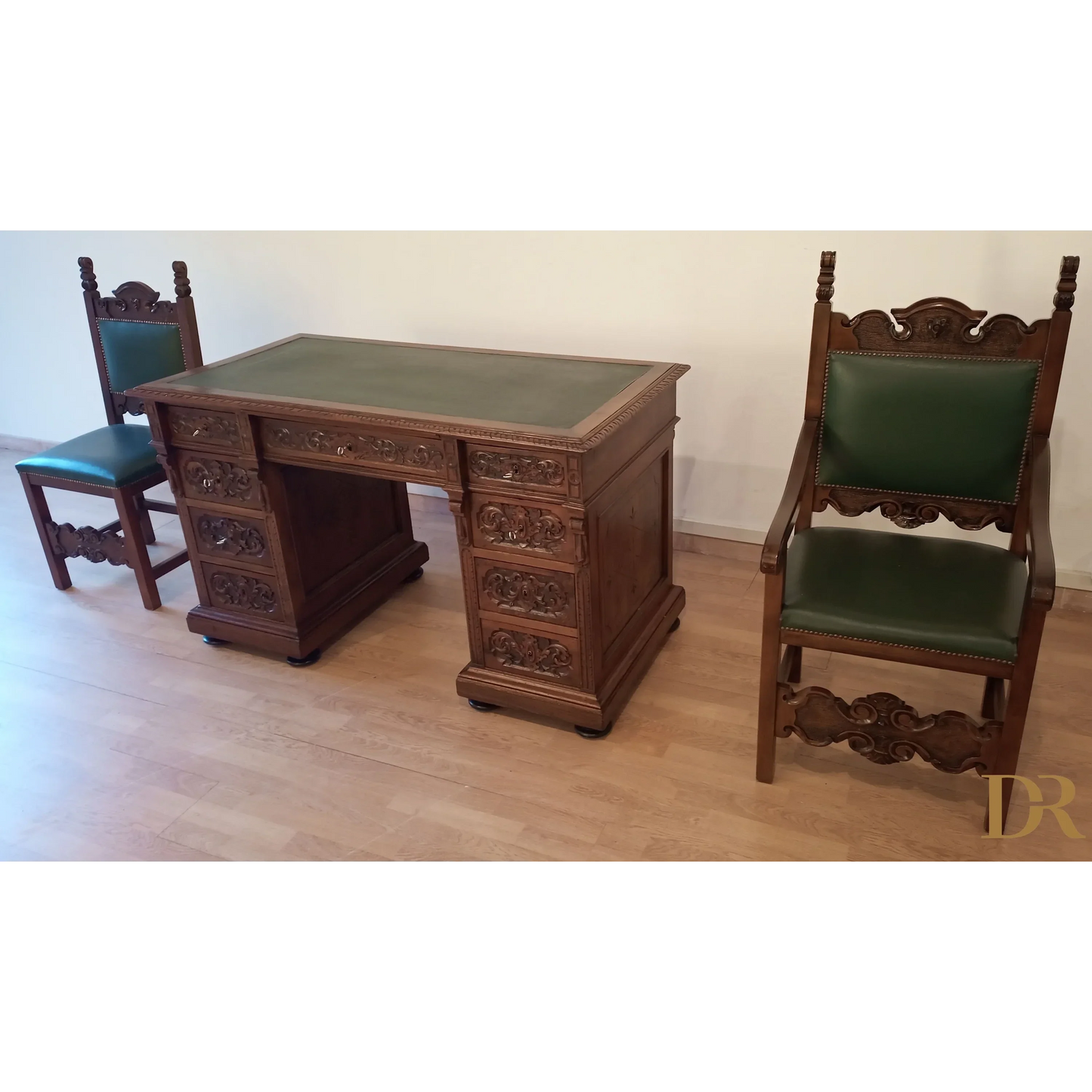 Set of 2 chairs and ministerial desk in green leather for study and office in walnut wood