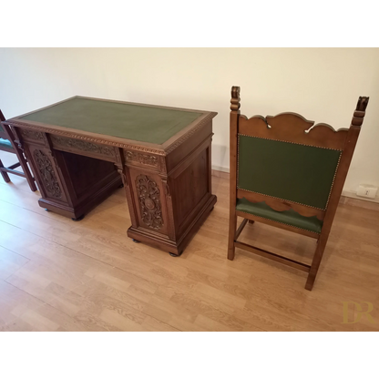 Set of 2 chairs and ministerial desk in green leather for study and office in walnut wood