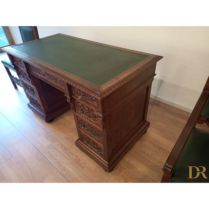 Set of 2 chairs and ministerial desk in green leather for study and office in walnut wood