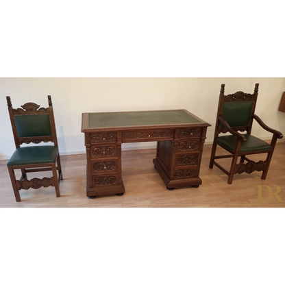 Set of 2 chairs and ministerial desk in green leather for study and office in walnut wood