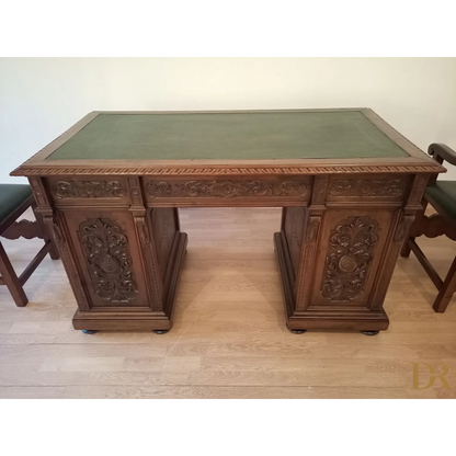 Set of 2 chairs and ministerial desk in green leather for study and office in walnut wood