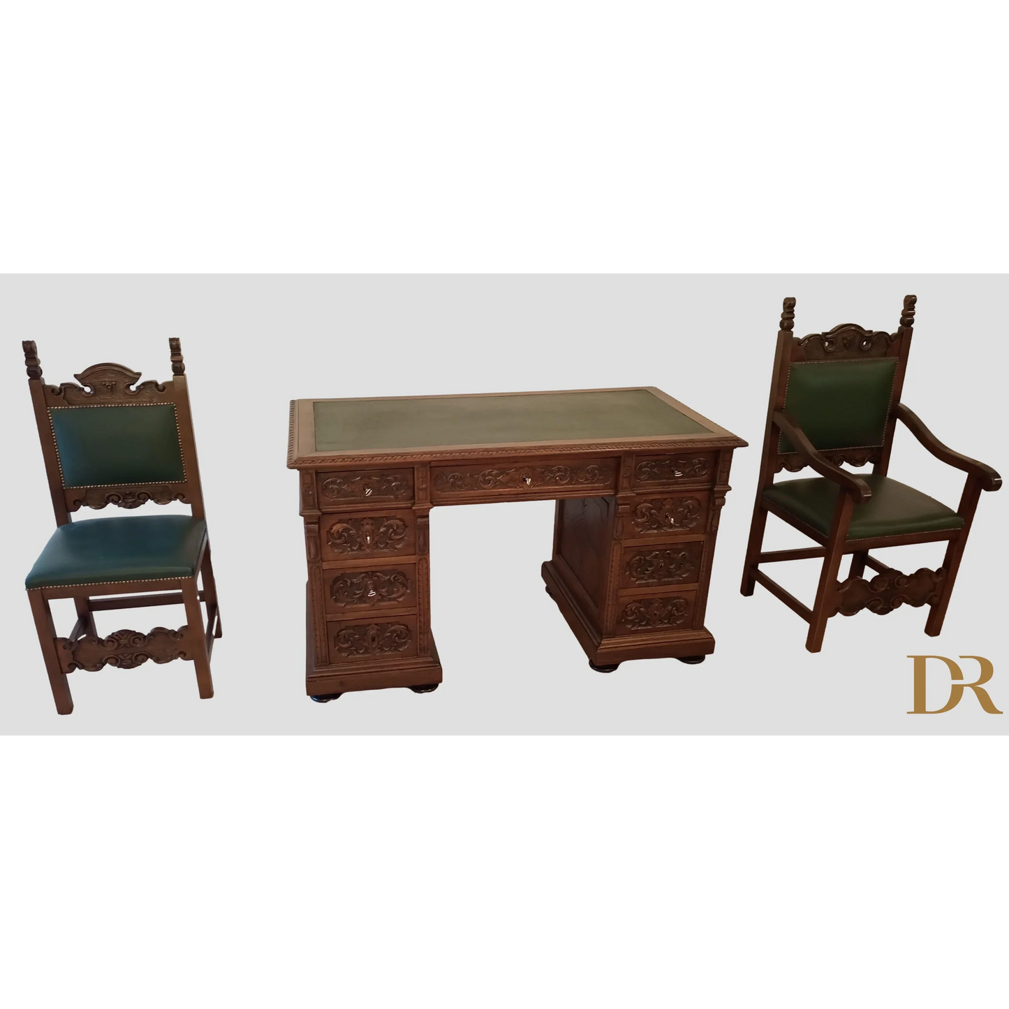 Set of 2 chairs and ministerial desk in green leather for study and office in walnut wood