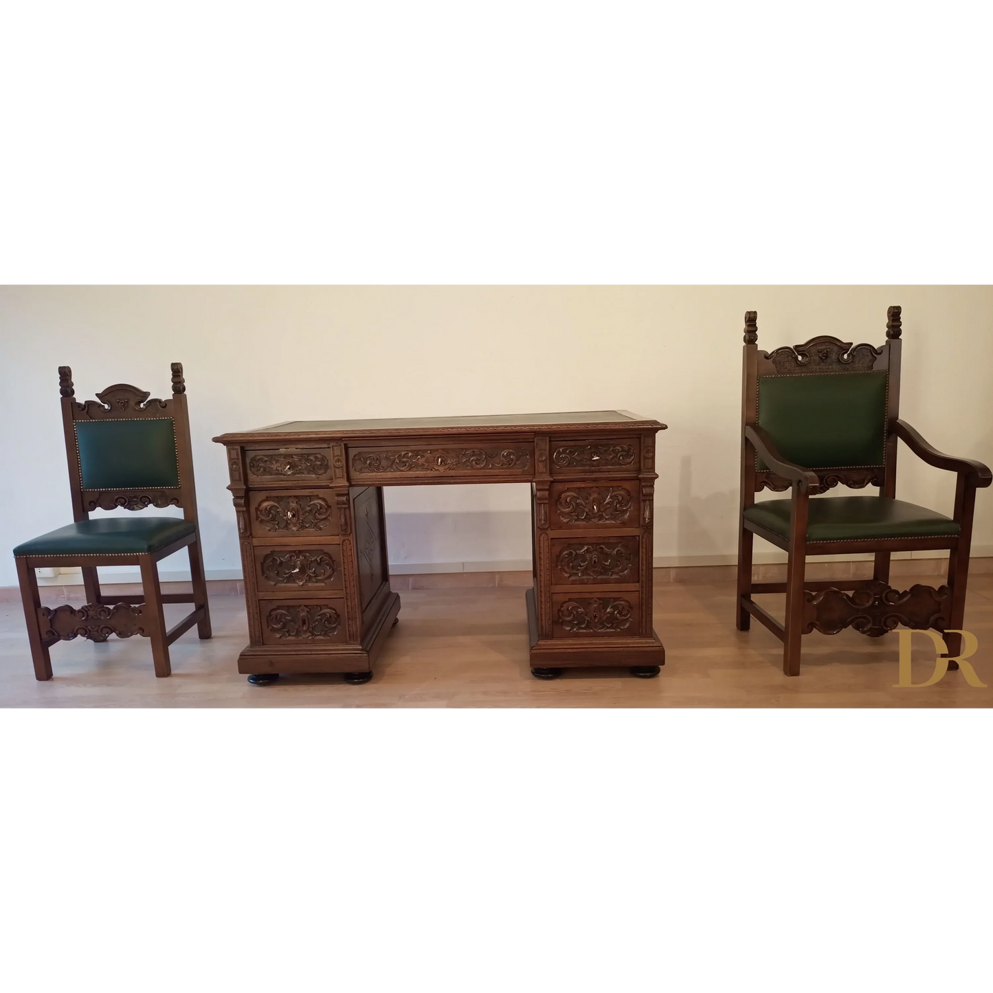 Set of 2 chairs and ministerial desk in green leather for study and office in walnut wood