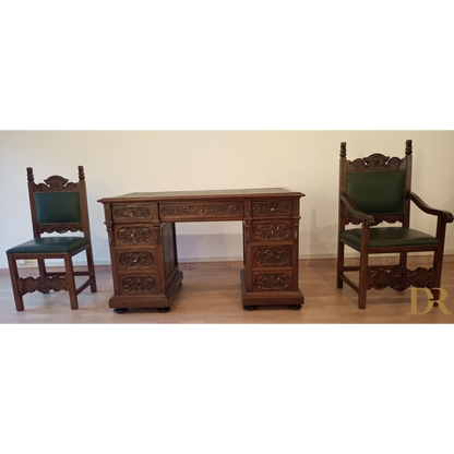 Set of 2 chairs and ministerial desk in green leather for study and office in walnut wood