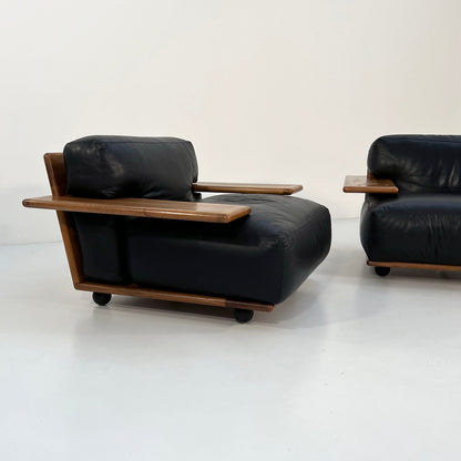 Pianura armchair in black leather by Mario Bellini for Cassina, 1970s vintage